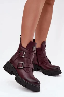 Zazoo Skórzane Ocieplane Botki Damskie Z Klamrami I Ozdobnym Detalem 60482 Bordowe Czerwony