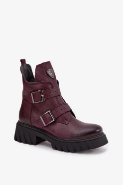 Zazoo Skórzane Ocieplane Botki Damskie Z Klamrami I Ozdobnym Detalem 60482 Bordowe Czerwony
