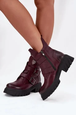 Zazoo Skórzane Ocieplane Botki Damskie Z Klamrami I Ozdobnym Detalem 60482 Bordowe Czerwony