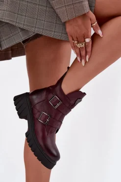 Zazoo Skórzane Ocieplane Botki Damskie Z Klamrami I Ozdobnym Detalem 60482 Bordowe Czerwony