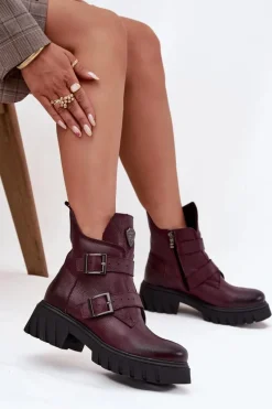 Zazoo Skórzane Ocieplane Botki Damskie Z Klamrami I Ozdobnym Detalem 60482 Bordowe Czerwony