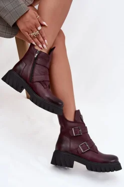 Zazoo Skórzane Ocieplane Botki Damskie Z Klamrami I Ozdobnym Detalem 60482 Bordowe Czerwony