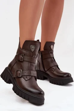 Hot Skórzane Ocieplane Botki Damskie Z Klamrami I Ozdobnym Detalem 60482 Czekoladowe Damskie Botki Ocieplane|Botki Na Obcasie