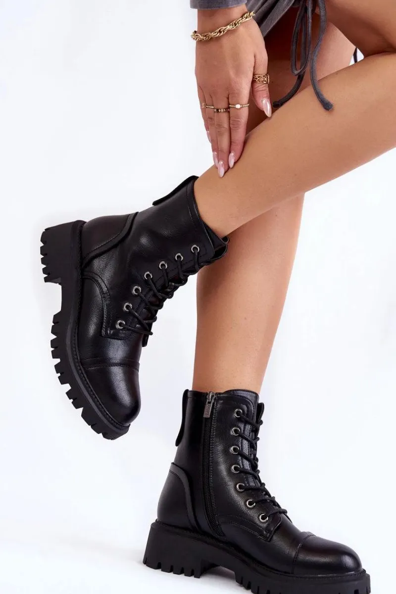 Discount Skórzane Ocieplane Botki Glany La.Fi 250044B-PU Czarne Damskie Damskie Trapery|Botki Sznurowane