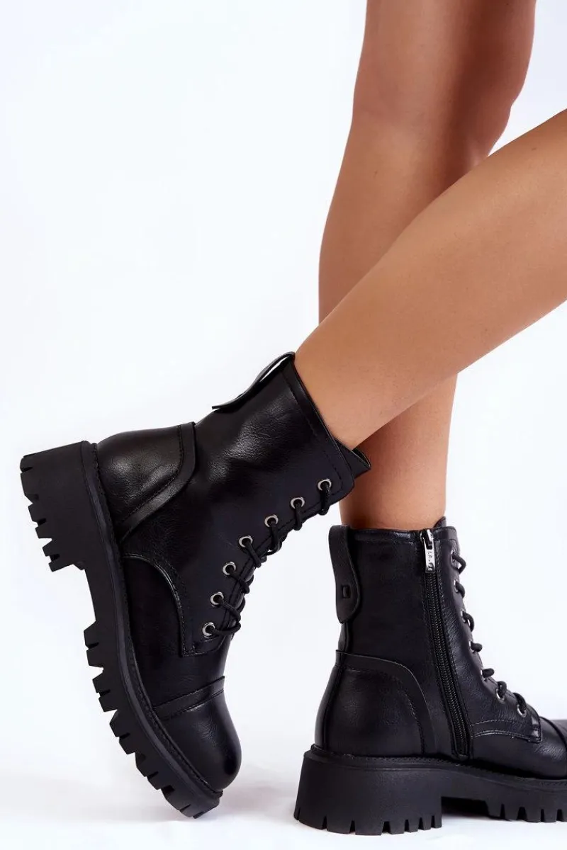 Discount Skórzane Ocieplane Botki Glany La.Fi 250044B-PU Czarne Damskie Damskie Trapery|Botki Sznurowane