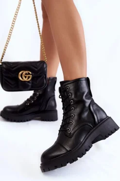 Discount Skórzane Ocieplane Botki Glany La.Fi 250044B-PU Czarne Damskie Damskie Trapery|Botki Sznurowane