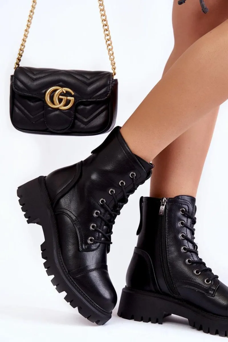 Discount Skórzane Ocieplane Botki Glany La.Fi 250044B-PU Czarne Damskie Damskie Trapery|Botki Sznurowane