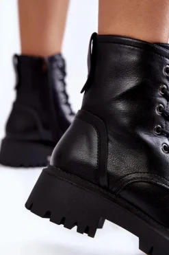 Discount Skórzane Ocieplane Botki Glany La.Fi 250044B-PU Czarne Damskie Damskie Trapery|Botki Sznurowane