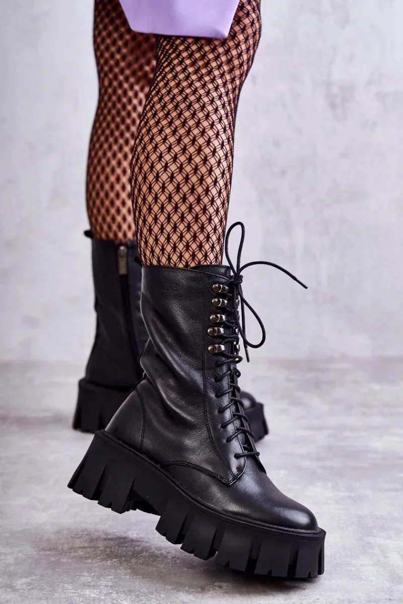 Discount Skórzane Ocieplane Botki KK2N4013 Czarne Damskie Botki Sznurowane|Czarne Botki