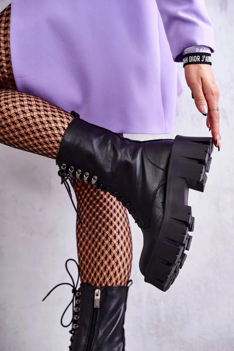 Discount Skórzane Ocieplane Botki KK2N4013 Czarne Damskie Botki Sznurowane|Czarne Botki