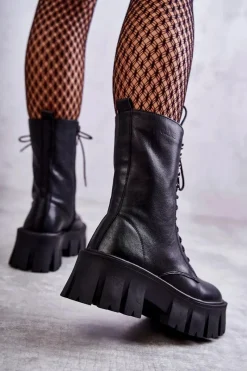 Discount Skórzane Ocieplane Botki KK2N4013 Czarne Damskie Botki Sznurowane|Czarne Botki