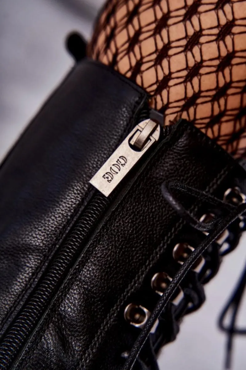 Discount Skórzane Ocieplane Botki KK2N4013 Czarne Damskie Botki Sznurowane|Czarne Botki