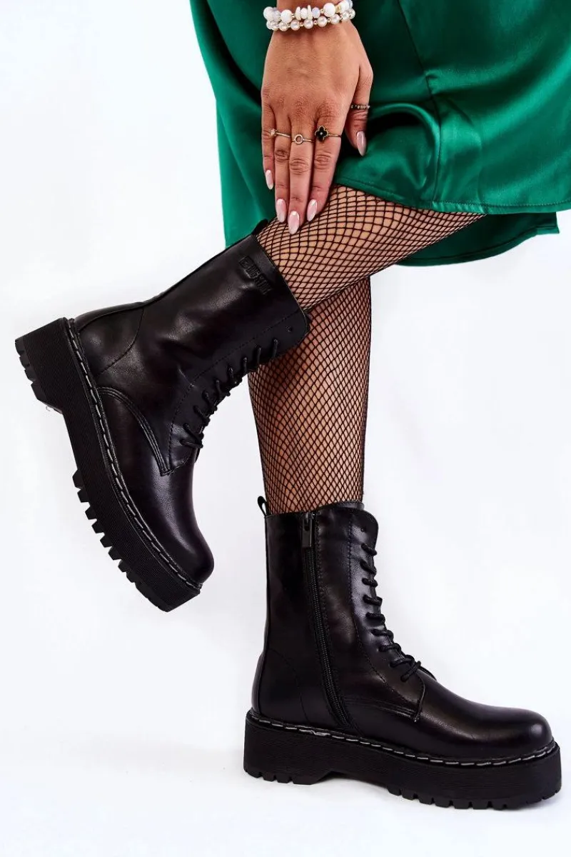 Outlet Big Star Shoes Skórzane Ocieplane Botki Glany Big Star II274109 Czarne