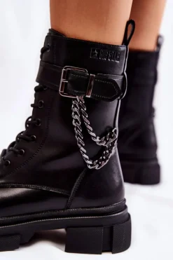 Online Skórzane Ocieplane Botki Glany Big Star KK274486 Czarne Damskie Damskie Trapery|Botki Sznurowane