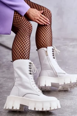 Hot GOE Skórzane Ocieplane Botki KK2N4012 Białe