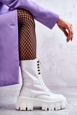 Hot GOE Skórzane Ocieplane Botki KK2N4012 Białe