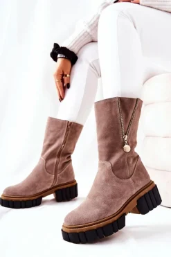 Hot Skórzane Ocieplane Botki Kozaki Cappucino Souffle Damskie Kozaki Płaskie|Kozaki Zamszowe