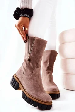 Hot Skórzane Ocieplane Botki Kozaki Cappucino Souffle Damskie Kozaki Płaskie|Kozaki Zamszowe