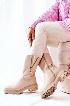 Hot Boto Skórzane Ocieplane Botki Kozaki Beżowe Florency