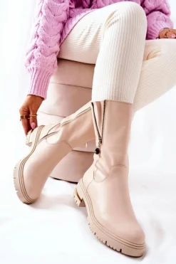 Hot Boto Skórzane Ocieplane Botki Kozaki Beżowe Florency