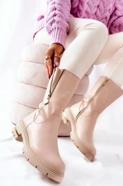 Hot Boto Skórzane Ocieplane Botki Kozaki Beżowe Florency