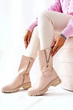 Hot Boto Skórzane Ocieplane Botki Kozaki Beżowe Florency