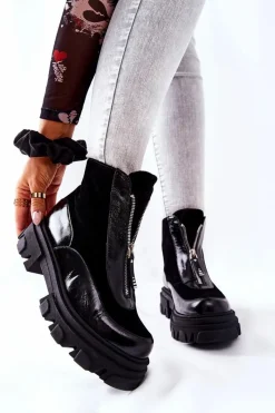 Clearance Skórzane Ocieplane Botki Czarne 2371 Damskie Czarne Botki|Botki Zimowe Damskie