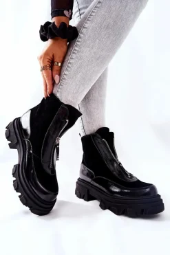 Clearance Skórzane Ocieplane Botki Czarne 2371 Damskie Czarne Botki|Botki Zimowe Damskie