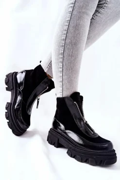 Clearance Skórzane Ocieplane Botki Czarne 2371 Damskie Czarne Botki|Botki Zimowe Damskie