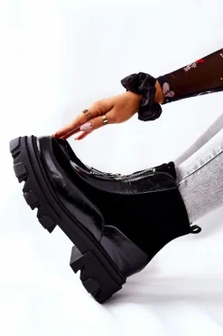 Clearance Skórzane Ocieplane Botki Czarne 2371 Damskie Czarne Botki|Botki Zimowe Damskie