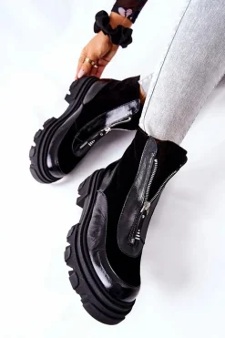 Clearance Skórzane Ocieplane Botki Czarne 2371 Damskie Czarne Botki|Botki Zimowe Damskie