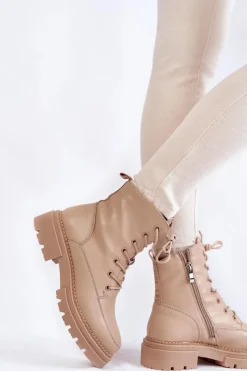 Skórzane Ocieplane Botki La.Fi 250009TA-QN Beżowe Damskie Damskie Trapery|Botki Sznurowane