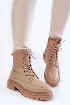 Skórzane Ocieplane Botki La.Fi 250009TA-QN Beżowe Damskie Damskie Trapery|Botki Sznurowane