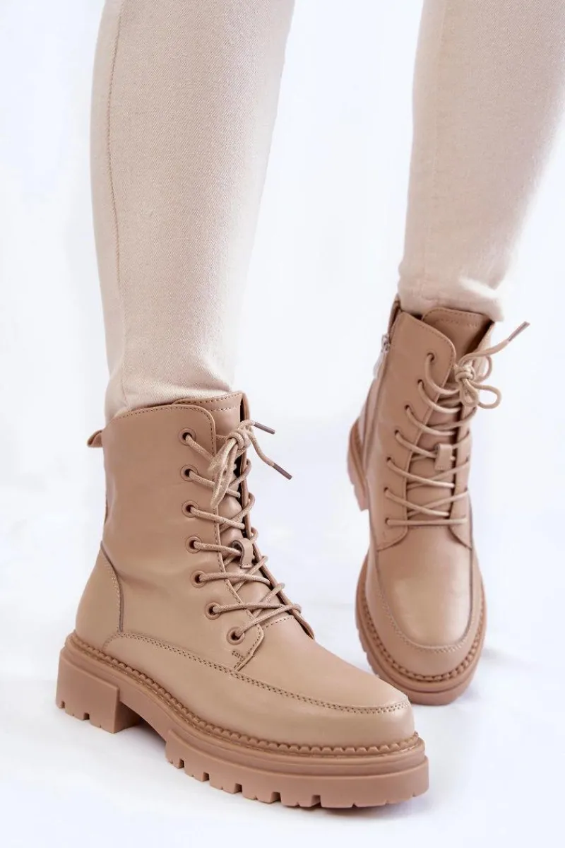 Skórzane Ocieplane Botki La.Fi 250009TA-QN Beżowe Damskie Damskie Trapery|Botki Sznurowane