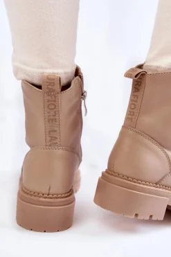 Skórzane Ocieplane Botki La.Fi 250009TA-QN Beżowe Damskie Damskie Trapery|Botki Sznurowane