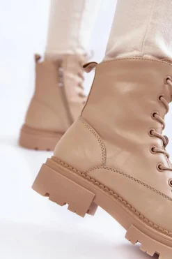 Skórzane Ocieplane Botki La.Fi 250009TA-QN Beżowe Damskie Damskie Trapery|Botki Sznurowane