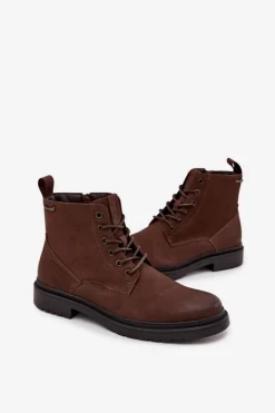 Hot Big Star Shoes Skórzane Ocieplane Botki Męskie Na Zamek Big Star OO174149 Czekoladowe Brązowy