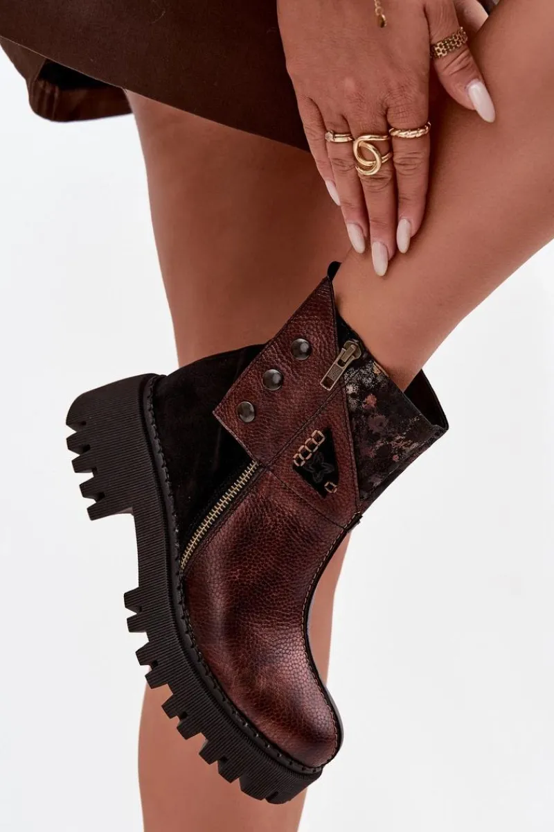 Hot Skórzane Ocieplane Botki Na Platformie I Płaskim Obcasie 06140-02 Brązowe Damskie Botki Ocieplane|Botki Maciejka