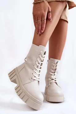 Damskie Trapery|Botki Sznurowane>Buty Sergio Leone Skórzane Ocieplane Botki Na Platformie Jasnobeżowe Telisa