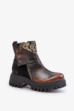 Clearance Maciejka Skórzane Ocieplane Botki Na Platformie I Płaskim Obcasie 06140-25 Złoto-Czarne