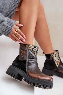 Clearance Maciejka Skórzane Ocieplane Botki Na Platformie I Płaskim Obcasie 06140-25 Złoto-Czarne