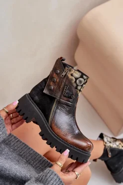 Clearance Maciejka Skórzane Ocieplane Botki Na Platformie I Płaskim Obcasie 06140-25 Złoto-Czarne