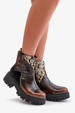 Clearance Maciejka Skórzane Ocieplane Botki Na Platformie I Płaskim Obcasie 06140-25 Złoto-Czarne