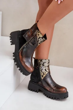 Clearance Maciejka Skórzane Ocieplane Botki Na Platformie I Płaskim Obcasie 06140-25 Złoto-Czarne