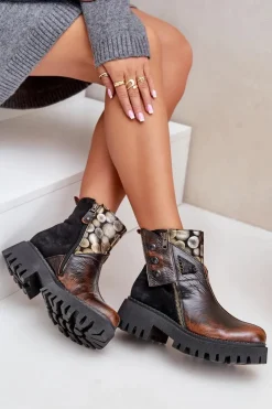Clearance Maciejka Skórzane Ocieplane Botki Na Platformie I Płaskim Obcasie 06140-25 Złoto-Czarne