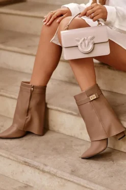 Clearance Skórzane Ocieplane Botki Na Słupku Ciemnobeżowe Chevie Damskie Botki Na Słupku|Brązowe I Beżowe Botki