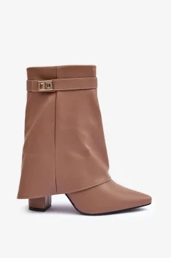 Clearance Skórzane Ocieplane Botki Na Słupku Ciemnobeżowe Chevie Damskie Botki Na Słupku|Brązowe I Beżowe Botki