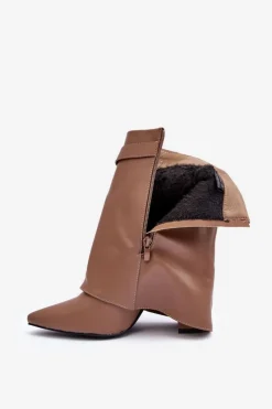 Clearance Skórzane Ocieplane Botki Na Słupku Ciemnobeżowe Chevie Damskie Botki Na Słupku|Brązowe I Beżowe Botki