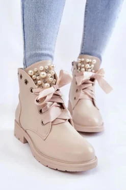 New Boto Skórzane Ocieplane Botki Na Suwak Z Perłami Beżowe Raiso