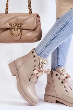 New Boto Skórzane Ocieplane Botki Na Suwak Z Perłami Beżowe Raiso
